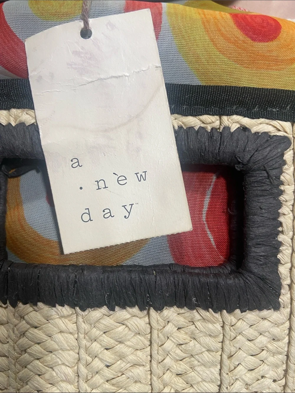 A new day Neutral Woven Straw Clutch with Black Trim